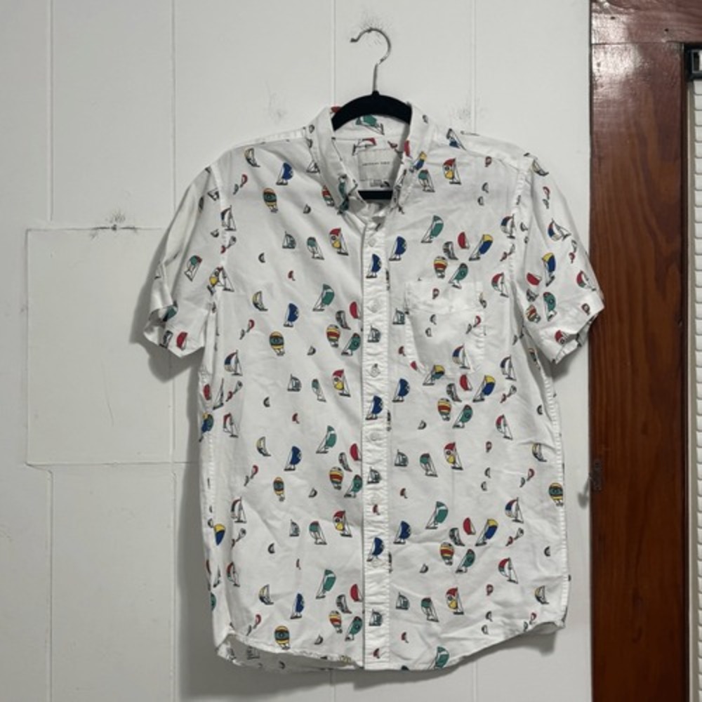 American Eagle Mens Sailboat Print Short Sleeve Button‎ Down Shirt White Medium